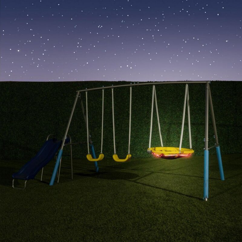 Sportspower Comet Metal Swing Set with LED Light up Saucer Swing, 2 Swings, and Lifetime Warranty on Blow Molded Slide - Image 3