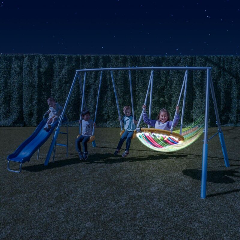 Sportspower Comet Metal Swing Set with LED Light up Saucer Swing, 2 Swings, and Lifetime Warranty on Blow Molded Slide - Image 2