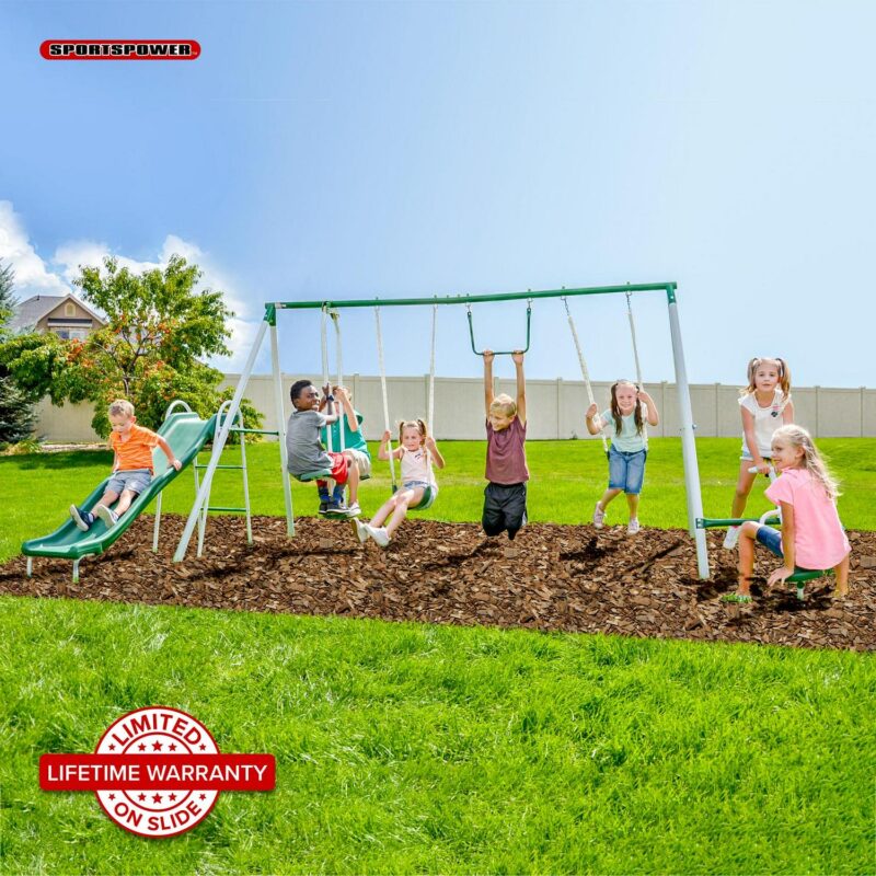 Sportspower Live Oak Metal Swing Set with 6' Heavy Duty Double Wall Slide with Lifetime Warranty