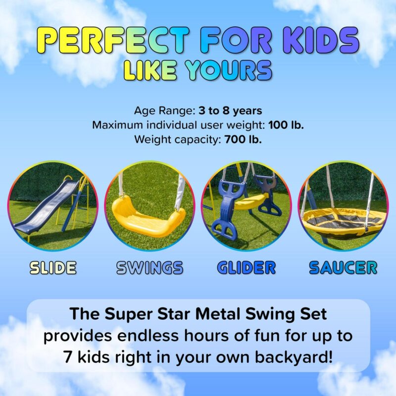 Sportspower Super Star Metal Swing Set with Saucer Swing, Glider Swing, Lifetime Warranty on Blow Molded Slide, and Bonus Anchor Kit - Image 2