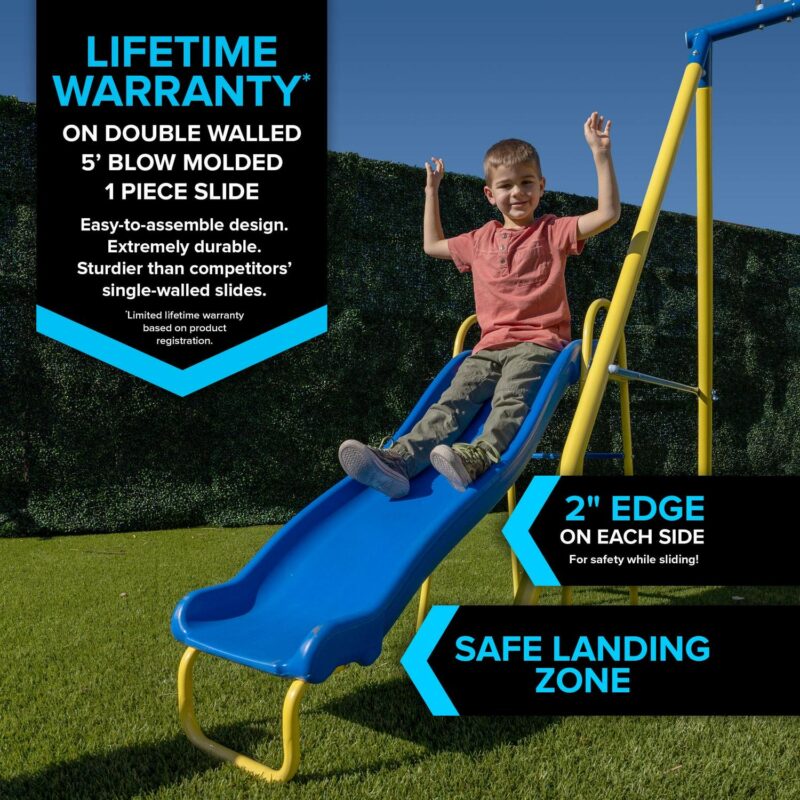 Sportspower Triple Swing and Saucer Metal Swing Set with Saucer Swing, 3 Adjustable Swings, and 5' Double Wall Slide with Lifetime Warranty - Image 2