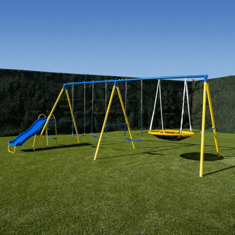 Sportspower Triple Swing and Saucer Metal Swing Set with Saucer Swing, 3 Adjustable Swings, and 5' Double Wall Slide with Lifetime Warranty - Image 9