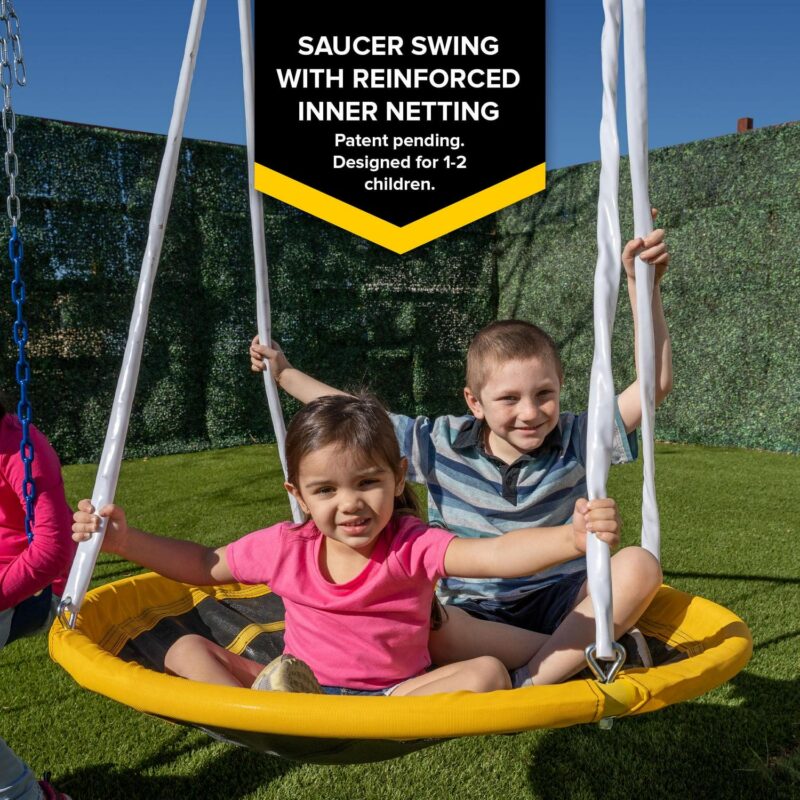 Sportspower Triple Swing and Saucer Metal Swing Set with Saucer Swing, 3 Adjustable Swings, and 5' Double Wall Slide with Lifetime Warranty - Image 4