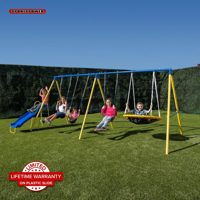 Sportspower Triple Swing and Saucer Metal Swing Set with Saucer Swing, 3 Adjustable Swings, and 5' Double Wall Slide with Lifetime Warranty