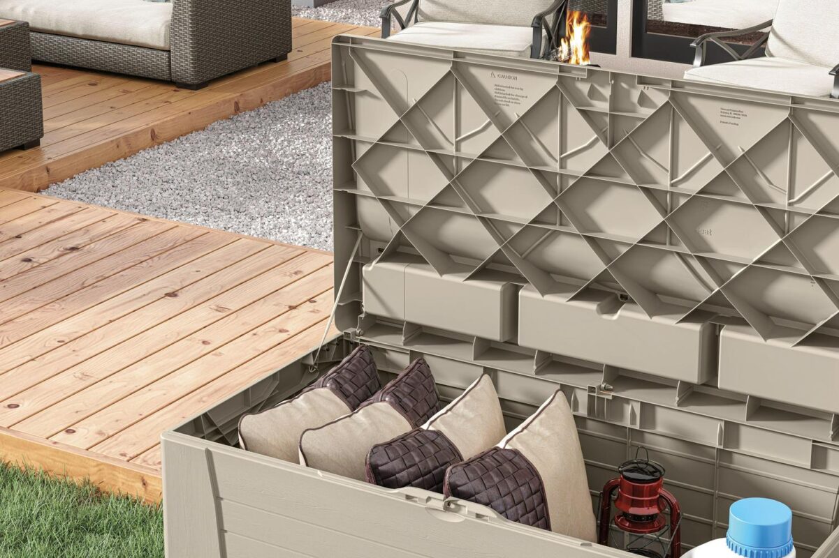 Suncast 127 Gal Outdoor Patio Storage Deck Box/Seat, Resin, Taupe, 54.5  D x 27  H x 28  W 35 lbs. - Image 3