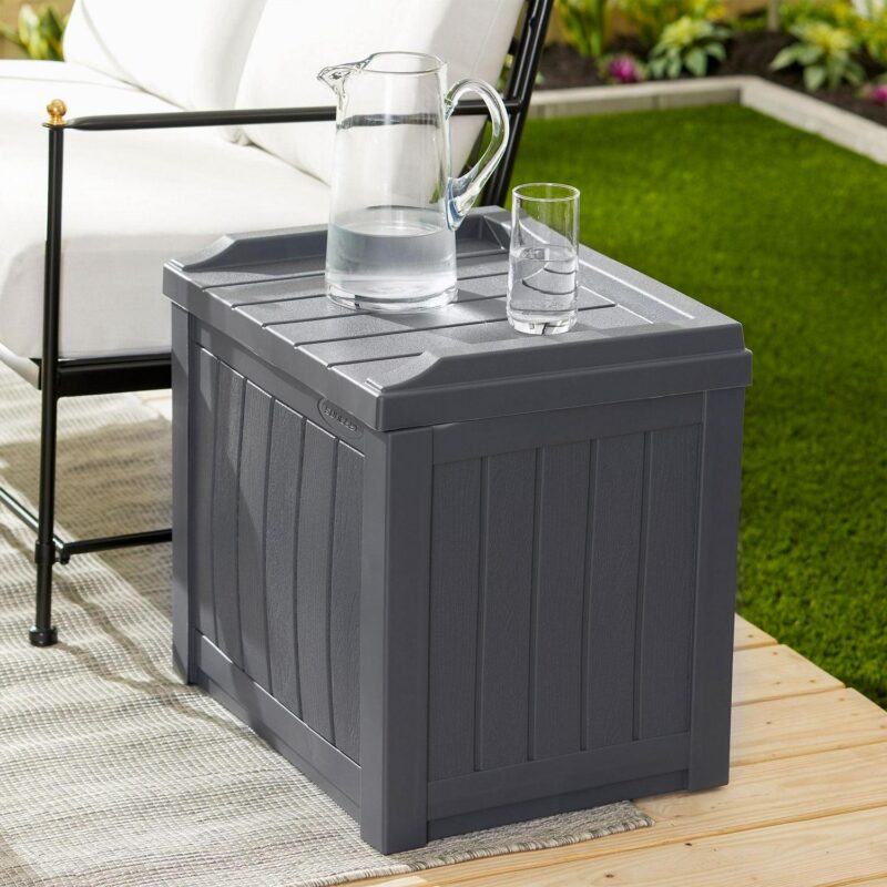 Suncast 22 Gal Outdoor Patio Small Deck Box with Storage Seat, Cyberspace - Image 8