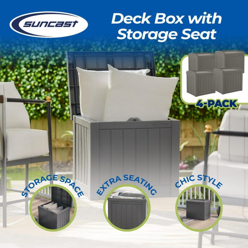 Suncast 22 Gal Outdoor Patio Small Deck Box w/ Storage Seat, Stone (4 Pack) - Image 2