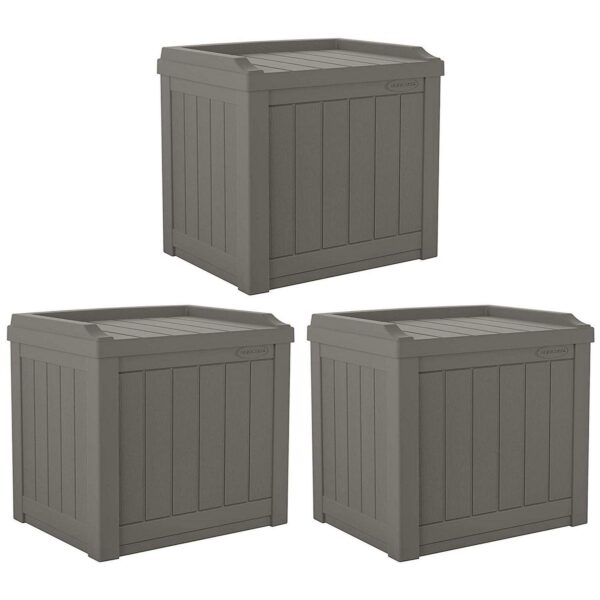 Suncast 22 gal Outdoor Patio Small Deck Box w/Storage Seat, Stone (3 Pack)