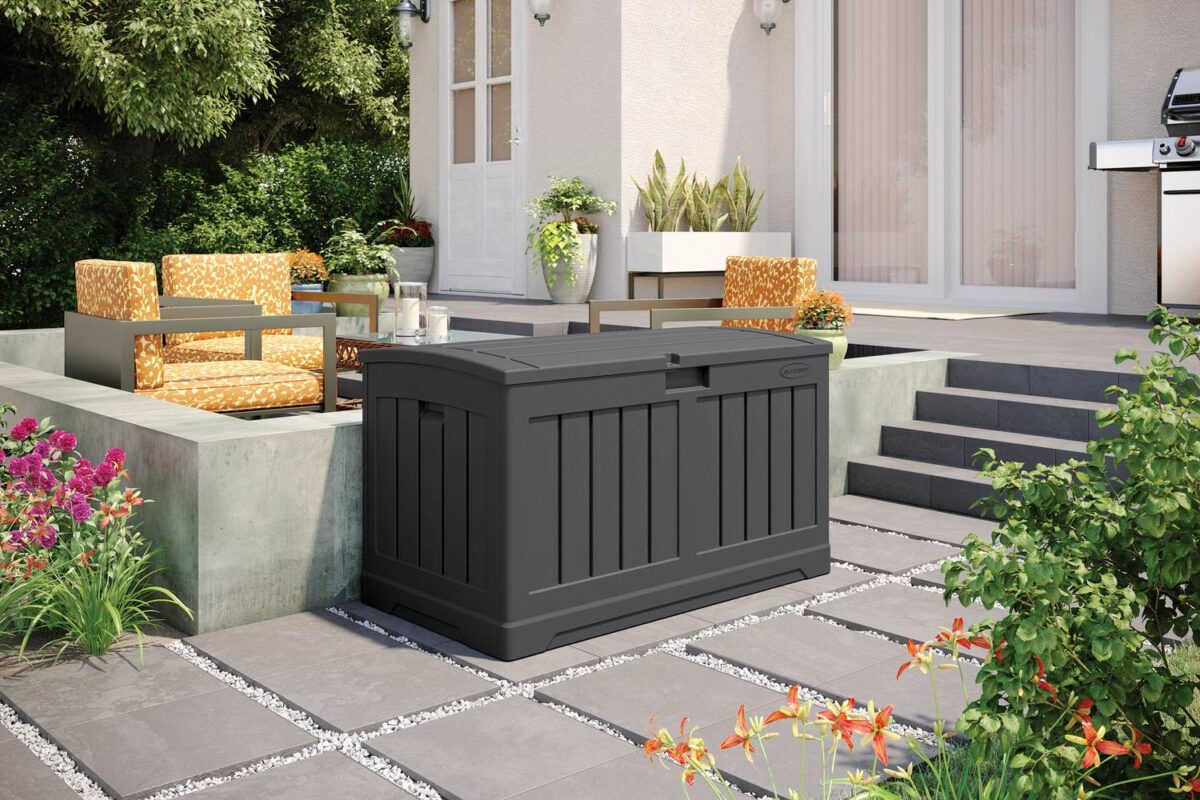 Suncast 50 Gallon Medium Resin Outdoor Storage Deck Box w/ Lid, Peppercorn - Image 2