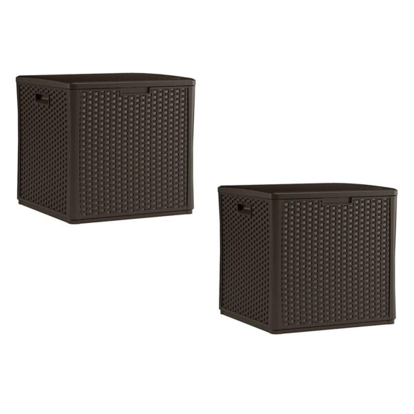 Suncast 60 Gallon Resin Wicker Design Cube Shape Storage Deck Box, Java, 2 Pack