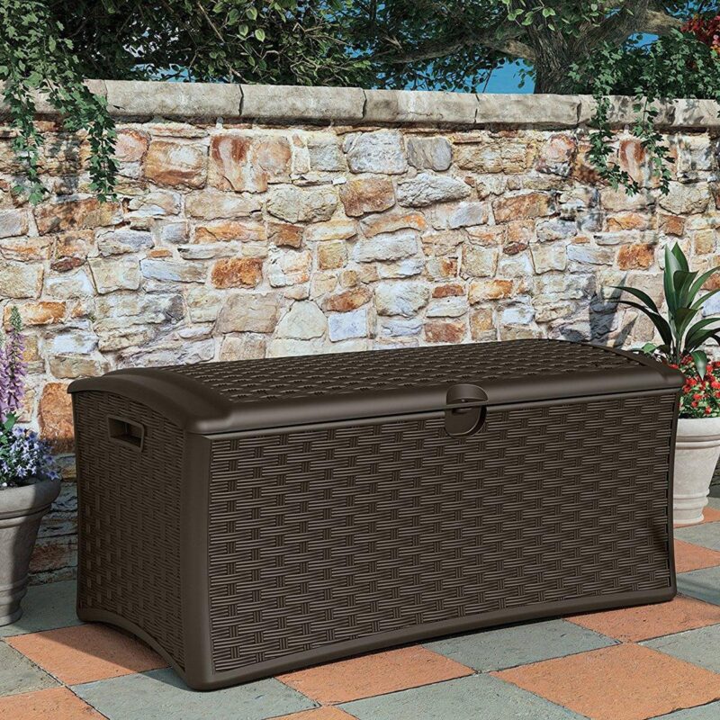 Suncast 72 Gallon Capacity Resin Wicker Outdoor Patio Storage Deck Box, Brown - Image 4