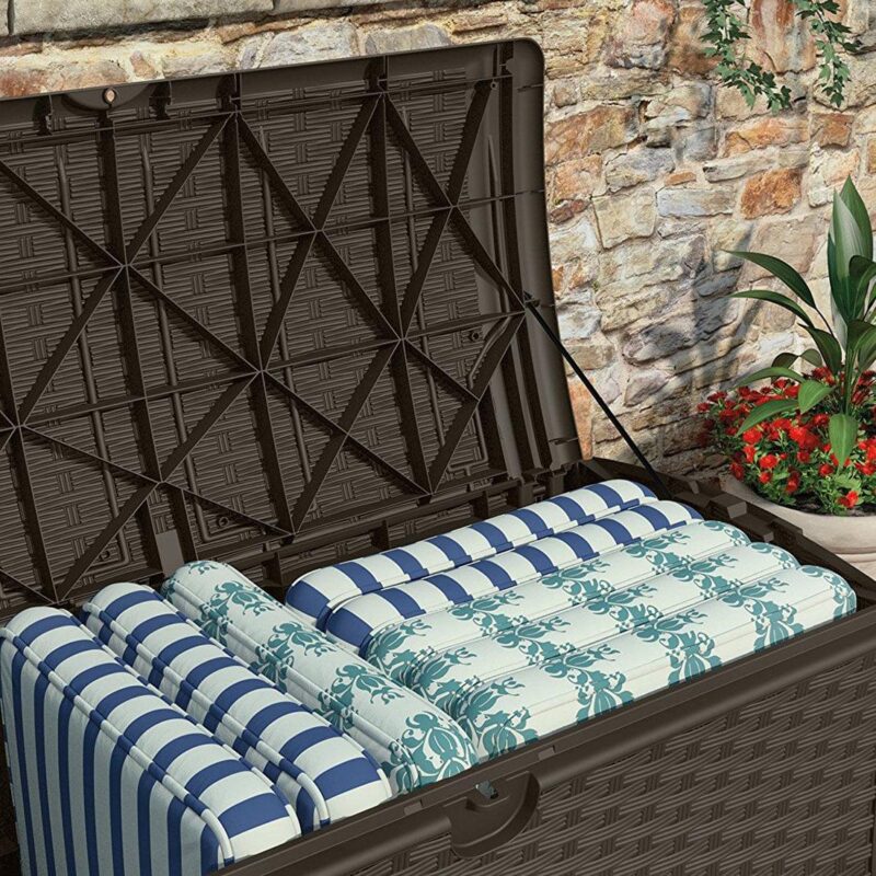 Suncast 72 Gallon Capacity Resin Wicker Outdoor Patio Storage Deck Box, Brown - Image 3