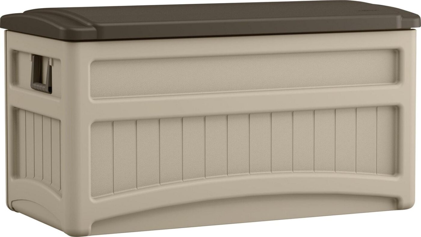 Suncast 73-Gallon Capacity Deck Box, Patio or Back Yard, Resin, Light Taupe, DB8000B, 35.2 lb