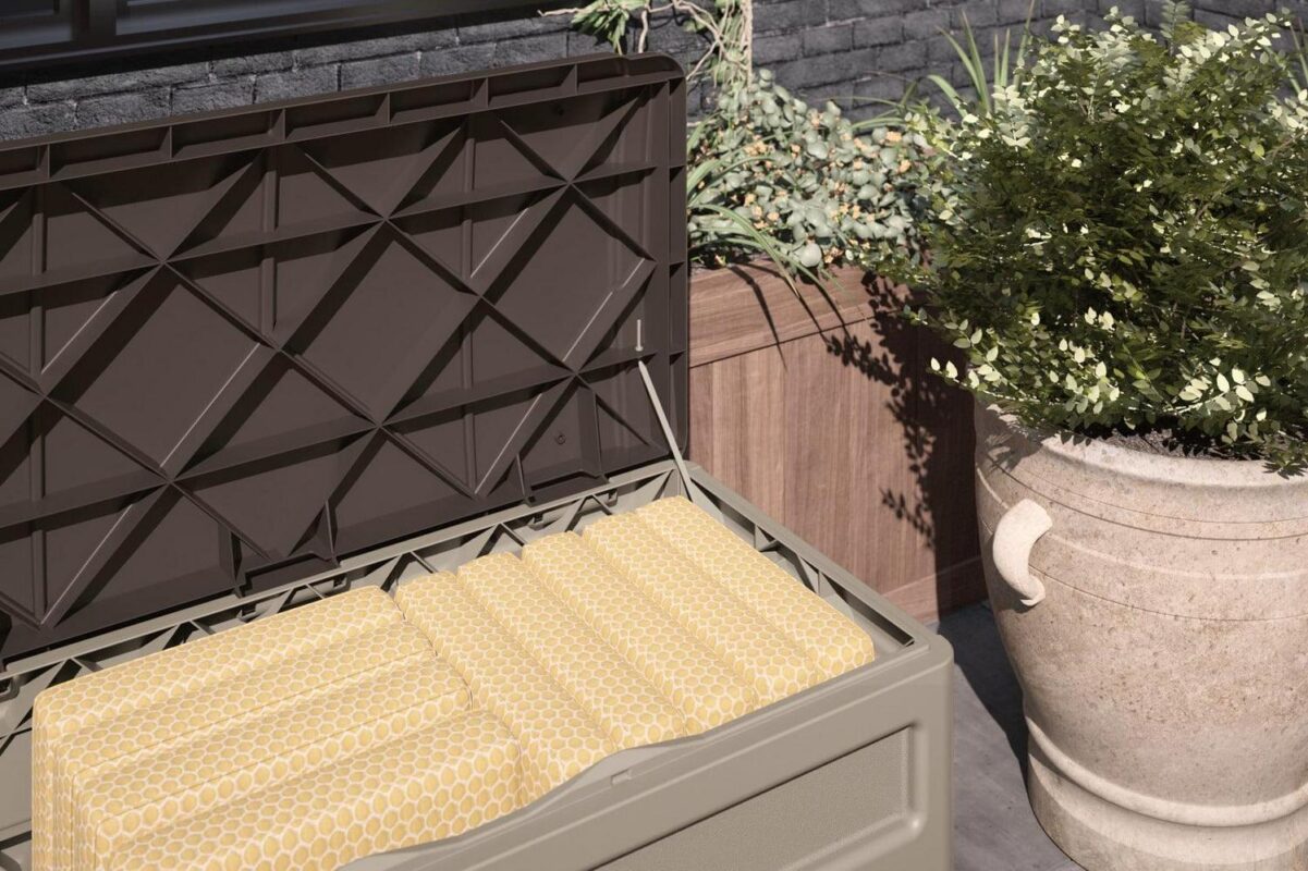 Suncast 73-Gallon Capacity Deck Box, Patio or Back Yard, Resin, Light Taupe, DB8000B, 35.2 lb - Image 4