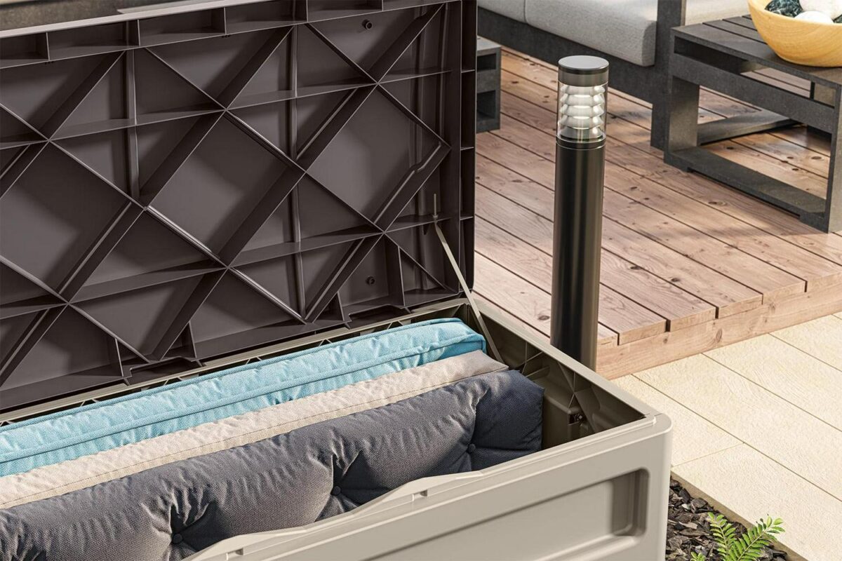 Suncast 73-Gallon Capacity Deck Box, Patio or Back Yard, Resin, Light Taupe, DB8000B, 35.2 lb - Image 7