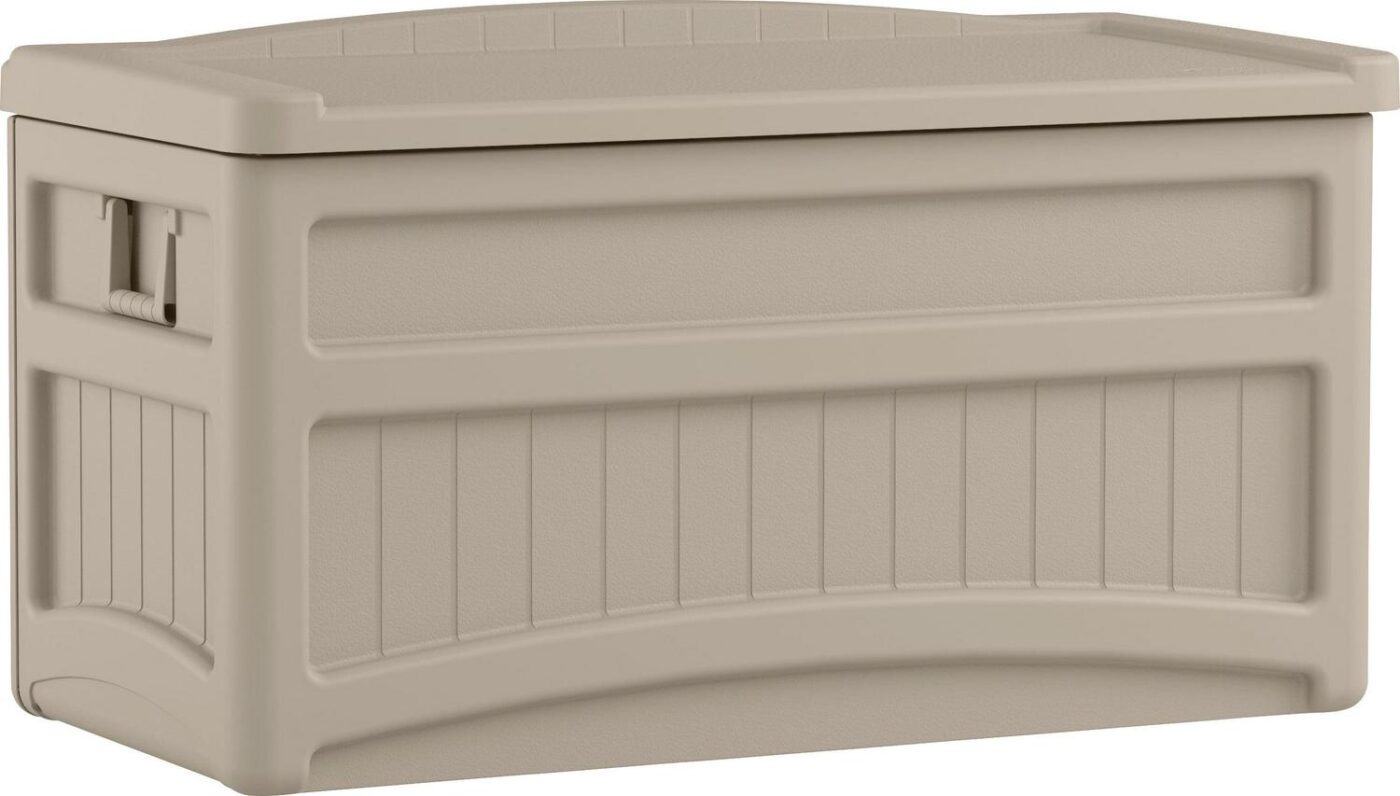 Suncast 73-Gallon Resin Outdoor Storage Deck Box with Seat for Patio, Taupe, 46 x 25.5 x 23.75 in.