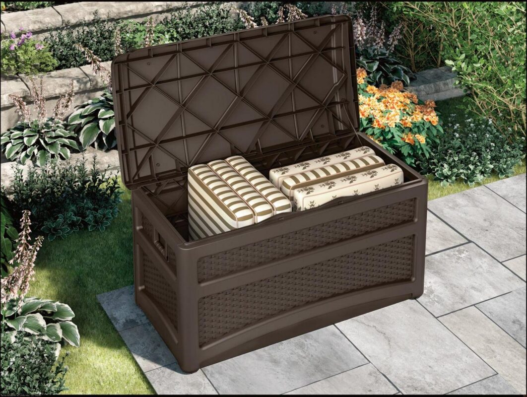 Suncast DBW7500 73 Gallon Outdoor Patio Storage Chest with Handles and Seat, Resin, Java, 39 lb, (L x W x H) 23.75 x 22.5 x 46 in. - Image 6