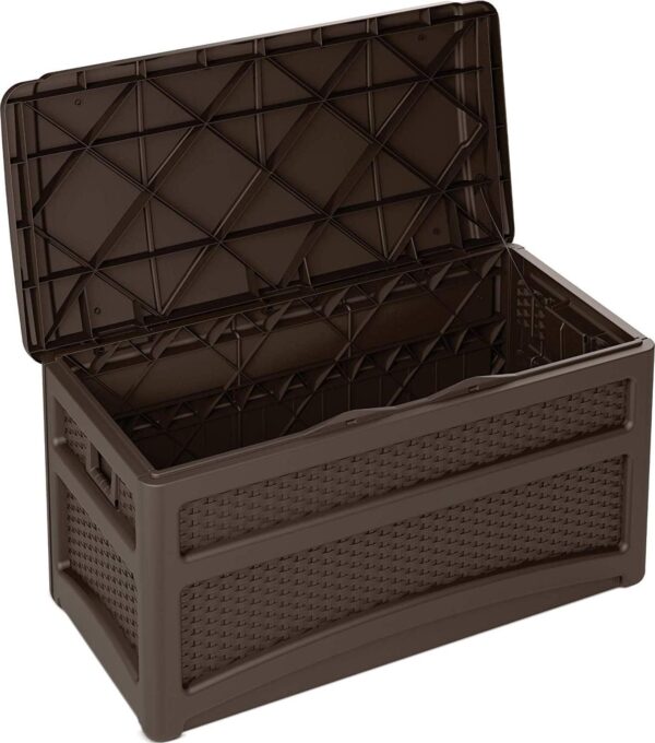 Suncast DBW7500 73 Gallon Outdoor Patio Storage Chest with Handles and Seat, Resin, Java, 39 lb, (L x W x H) 23.75 x 22.5 x 46 in.