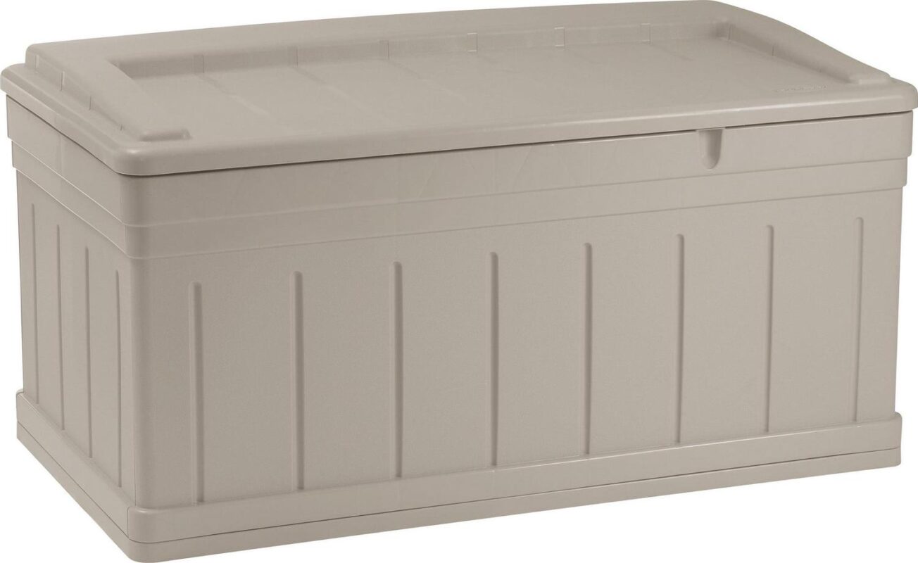 Suncast Horizontal 129 Gallon Stay Dry Outdoor Deck Storage Box Resin with Seat, Taupe, 10.1 in D x 10.1 in H x 10.1 in W, 47 lb
