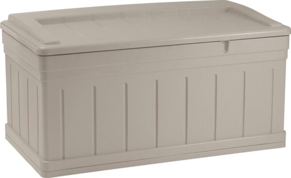 Suncast Horizontal 129 Gallon Stay Dry Outdoor Deck Storage Box Resin with Seat, Taupe, 10.1 in D x 10.1 in H x 10.1 in W, 47 lb