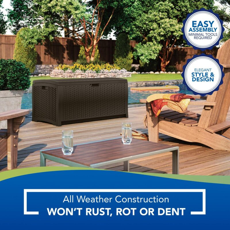 Suncast Indoor/Outdoor 73 Gal Capacity Resin Deck Box w/Seat, Mocha, 46 in D x 22.5 in H x 21.6 in W - Image 4