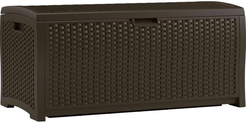Suncast Indoor/Outdoor 73 Gal Capacity Resin Deck Box w/Seat, Mocha, 46 in D x 22.5 in H x 21.6 in W