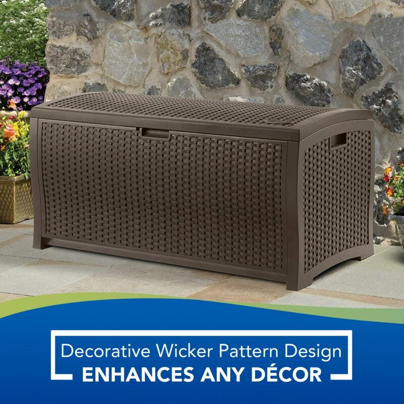Suncast Indoor/Outdoor 73 Gal Capacity Resin Deck Box w/Seat, Mocha, 46 in D x 22.5 in H x 21.6 in W - Image 2