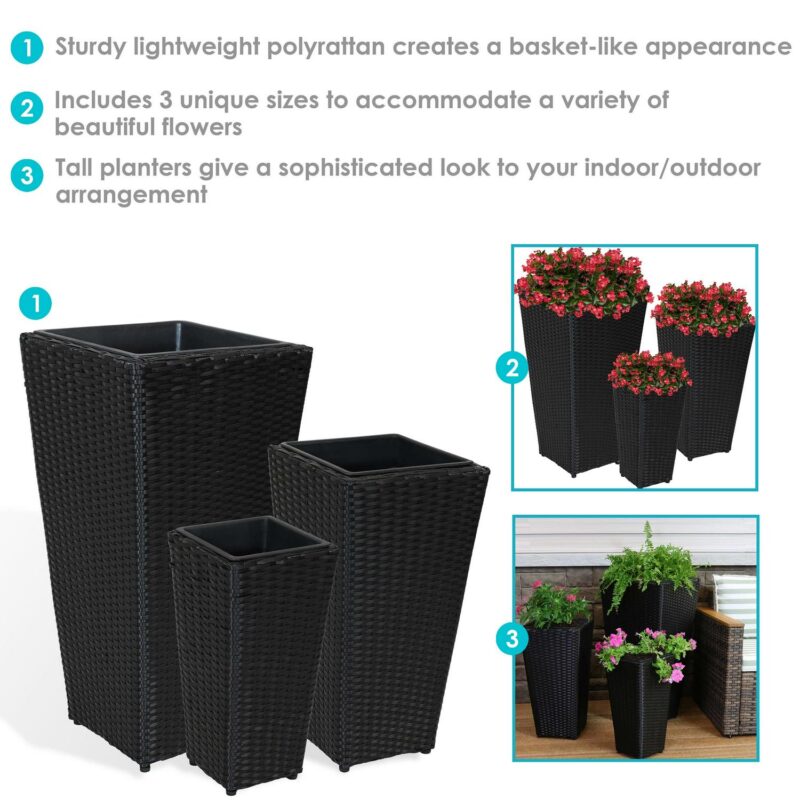 Sunnydaze Assorted Square Black Polyrattan Outdoor Basket Planter with Liner 3-Count - Image 3