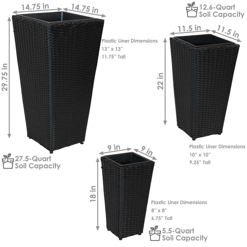 Sunnydaze Assorted Square Black Polyrattan Outdoor Basket Planter with Liner 3-Count - Image 4