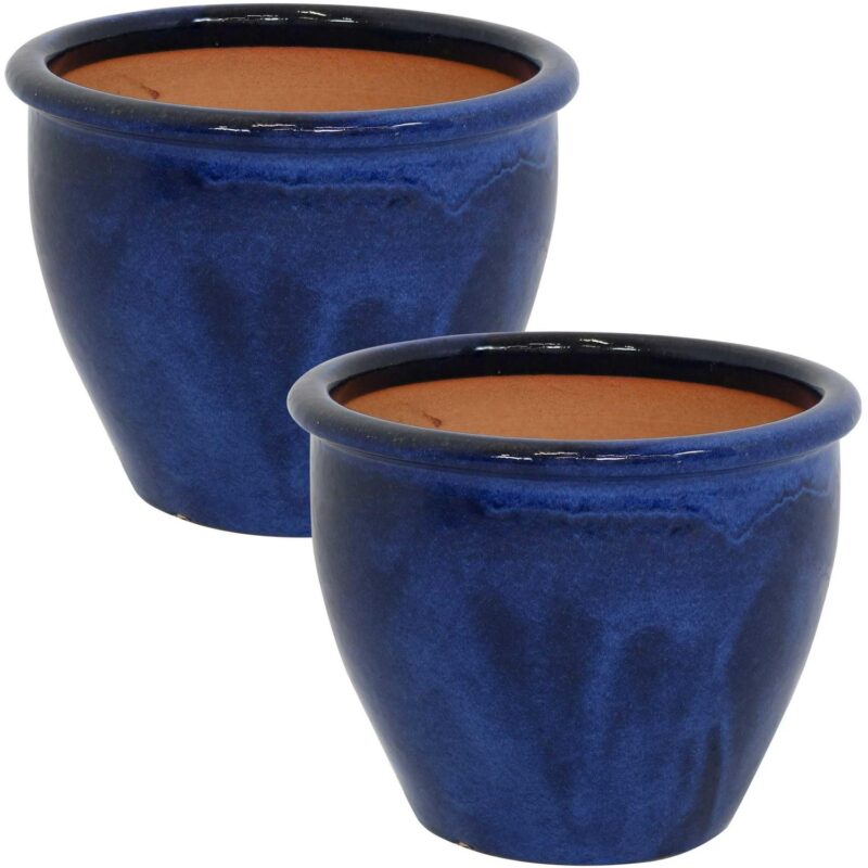 Sunnydaze Chalet 11.75  x 11.75  x 9.5  Round Imperial Blue Ceramic Outdoor Planter 2-Count - Image 2