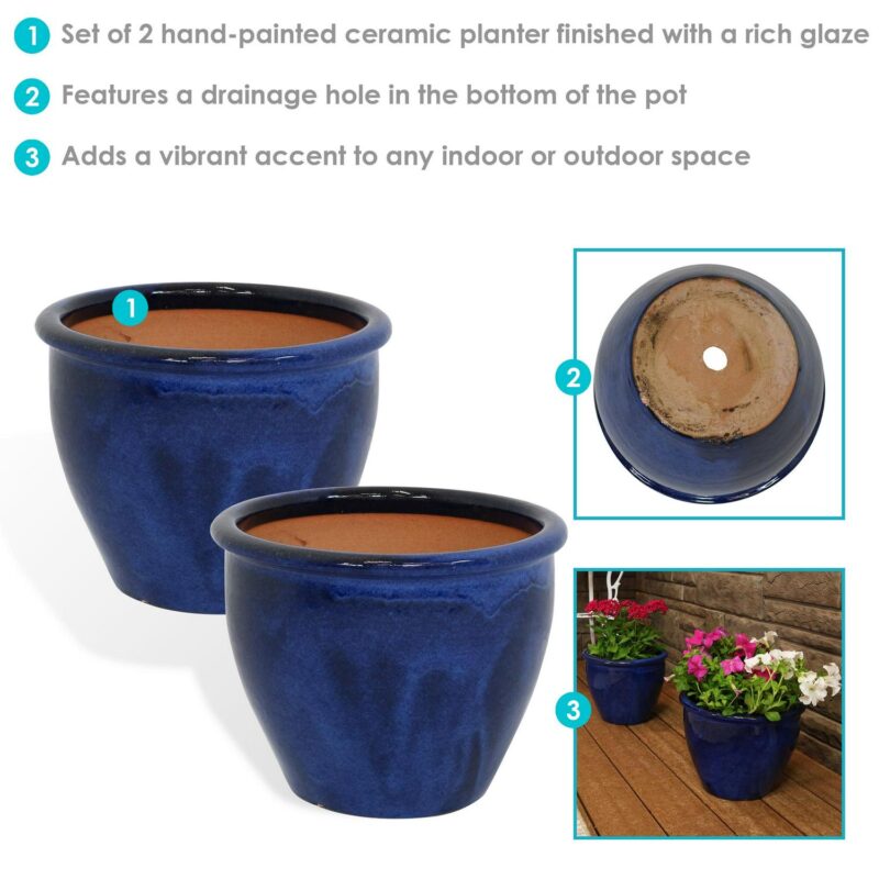 Sunnydaze Chalet 11.75  x 11.75  x 9.5  Round Imperial Blue Ceramic Outdoor Planter 2-Count - Image 3