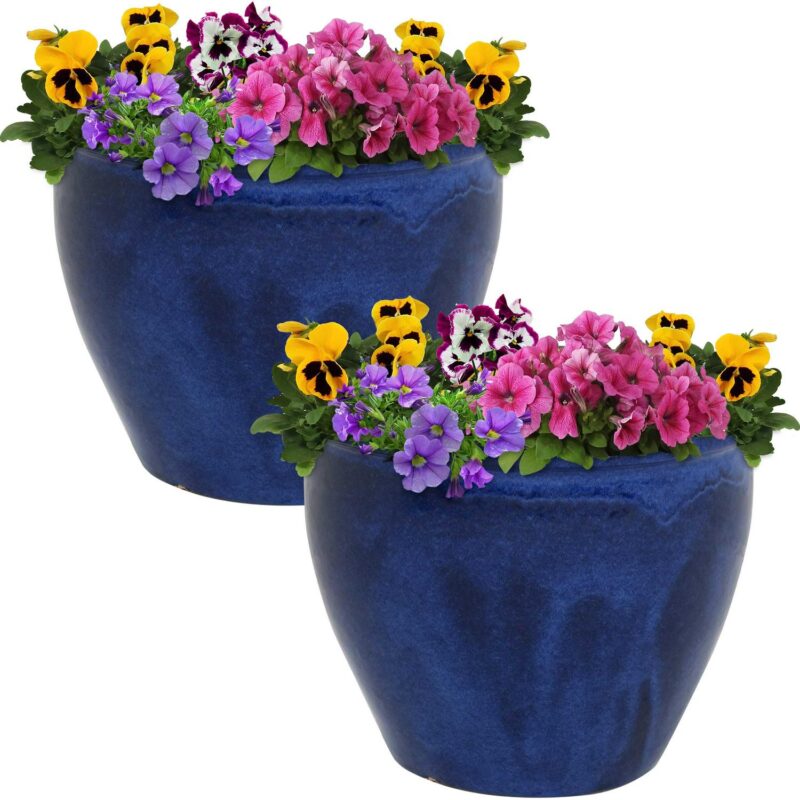 Sunnydaze Chalet 11.75  x 11.75  x 9.5  Round Imperial Blue Ceramic Outdoor Planter 2-Count