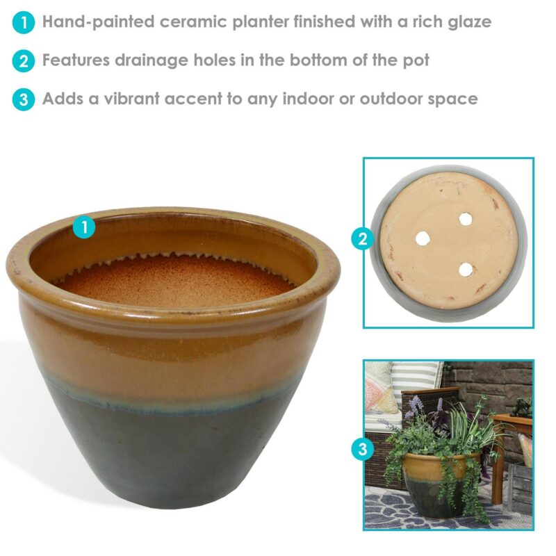 Sunnydaze Chalet 14.5  x 14.5  x 11.25  Round Forest Lake Green Ceramic Outdoor Planter - Image 3