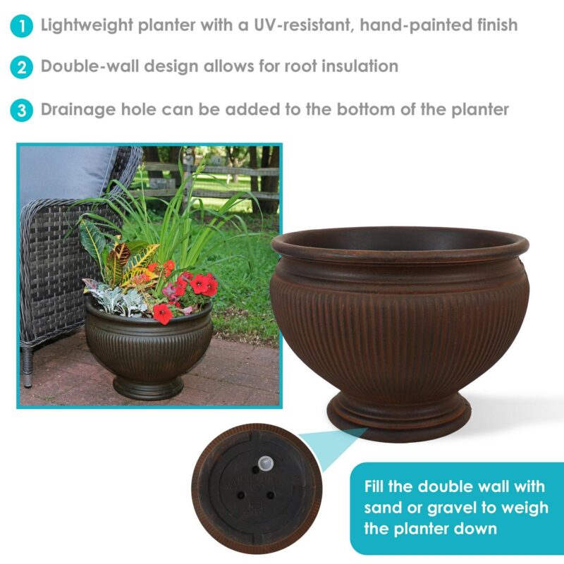 Sunnydaze Elizabeth 15  x 15  x 11.5  Round Rust Polyresin Outdoor Planter Pot 2-Count - Image 3
