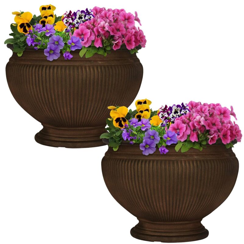 Sunnydaze Elizabeth 15  x 15  x 11.5  Round Rust Polyresin Outdoor Planter Pot 2-Count