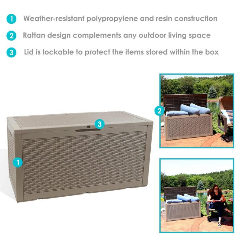 Sunnydaze Faux Rattan Outdoor Lockable Deck Storage Box - 100-Gal. - Driftwood - Image 2