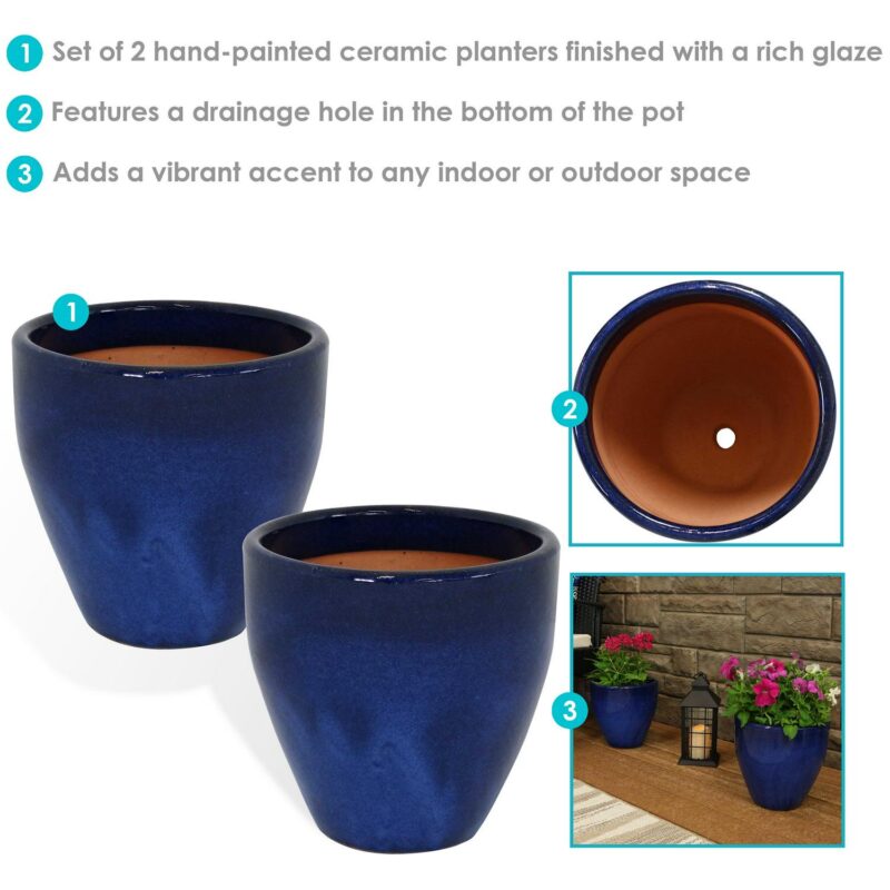 Sunnydaze Resort 10.25  x 10.25  x 10  Round Imperial Blue Ceramic Outdoor Planter 2-Count - Image 3