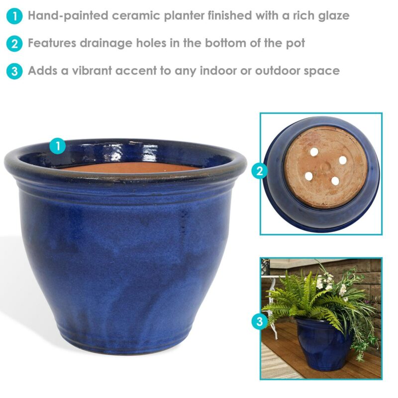 Sunnydaze Studio 18.5  x 18.5  x 15  Round Imperial Blue Ceramic Outdoor Planter - Image 3