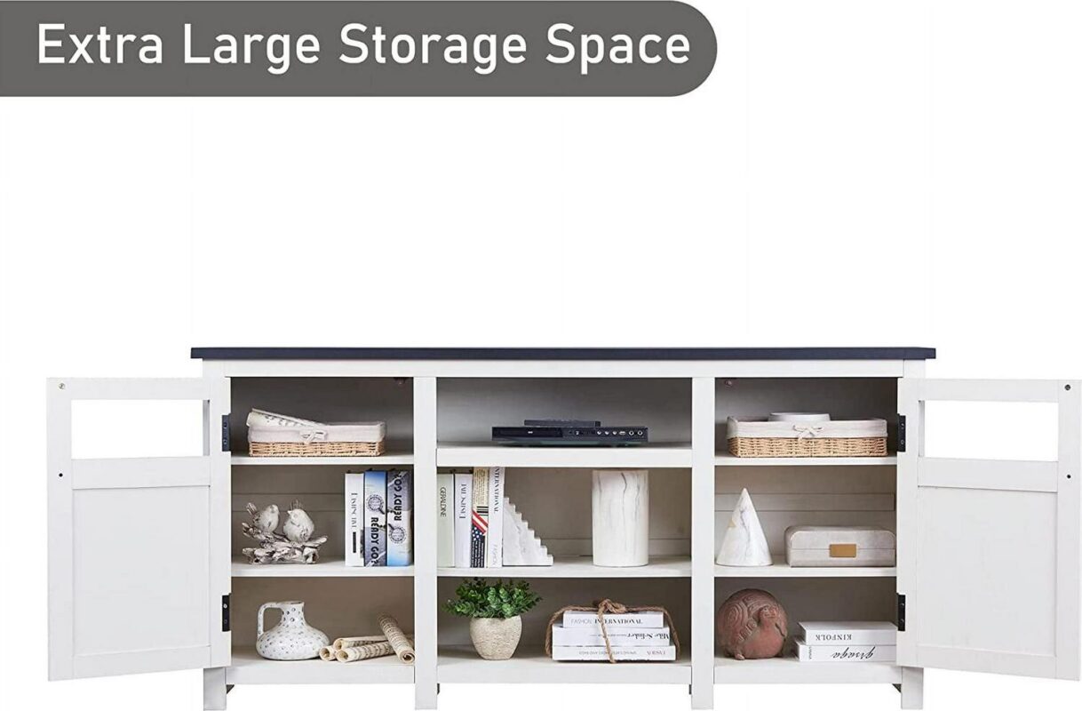 T4TREAM 66  Farmhouse TV Stand, Modern Entertainment Center with Storage Cabinets and Barn Door, White - Image 6