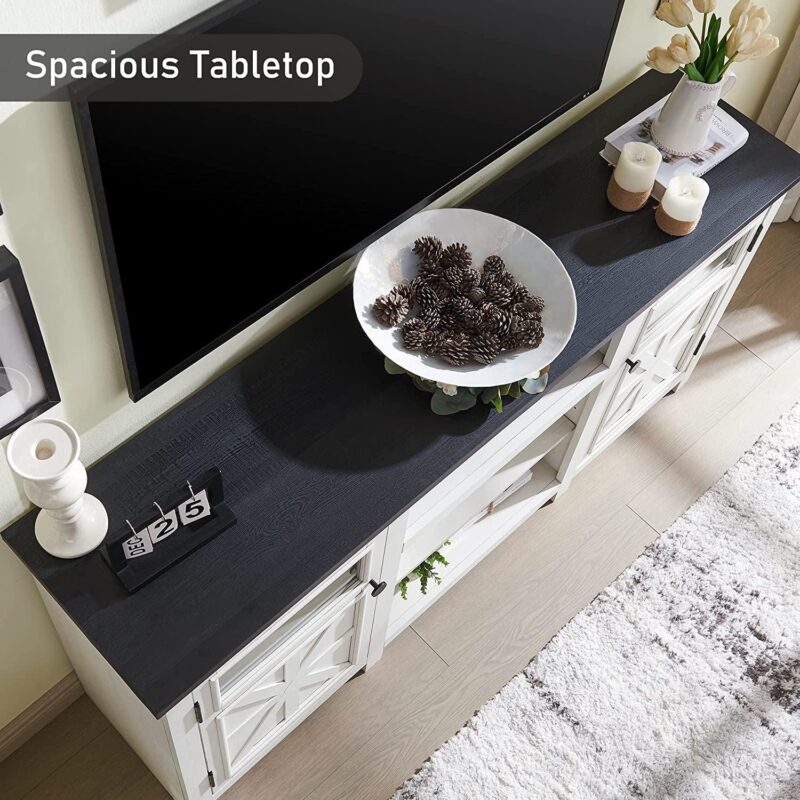 T4TREAM 66  Farmhouse TV Stand, Modern Entertainment Center with Storage Cabinets and Barn Door, White - Image 7