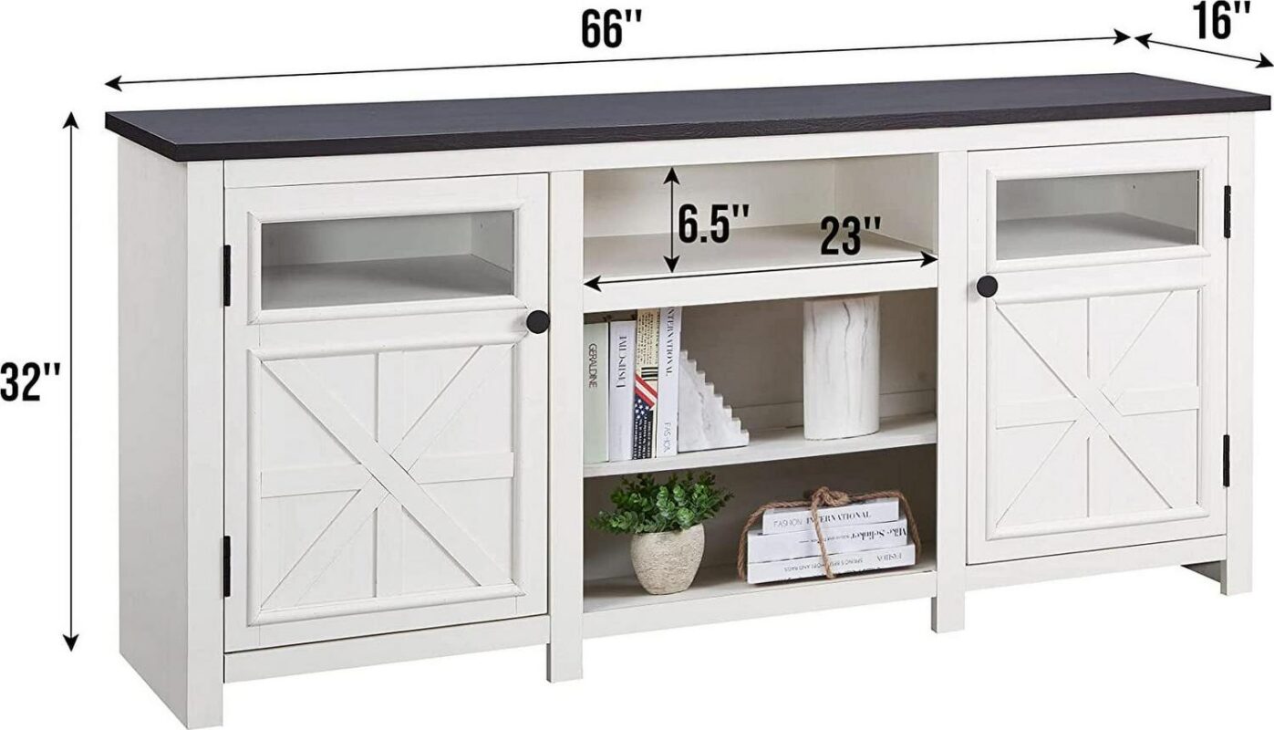 T4TREAM 66  Farmhouse TV Stand, Modern Entertainment Center with Storage Cabinets and Barn Door, White - Image 4