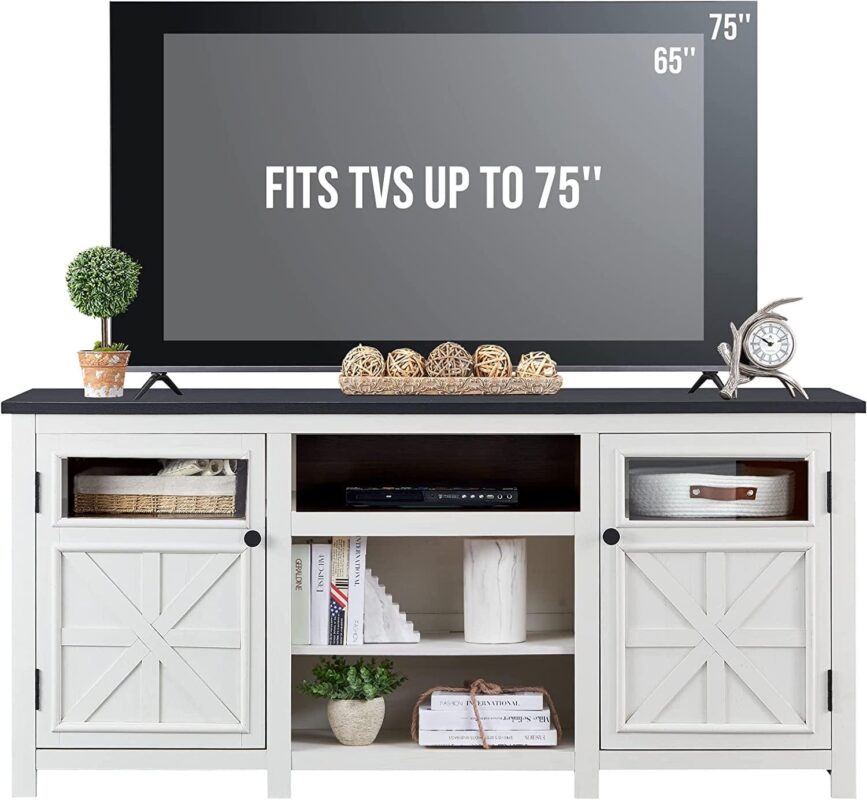 T4TREAM 66  Farmhouse TV Stand, Modern Entertainment Center with Storage Cabinets and Barn Door, White - Image 3