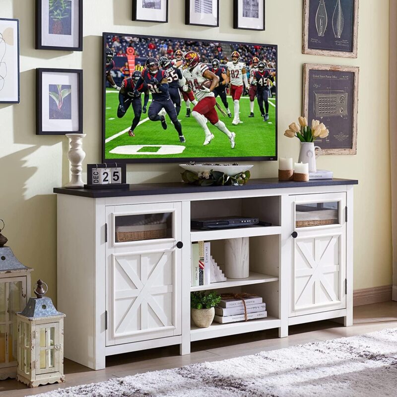 T4TREAM 66  Farmhouse TV Stand, Modern Entertainment Center with Storage Cabinets and Barn Door, White
