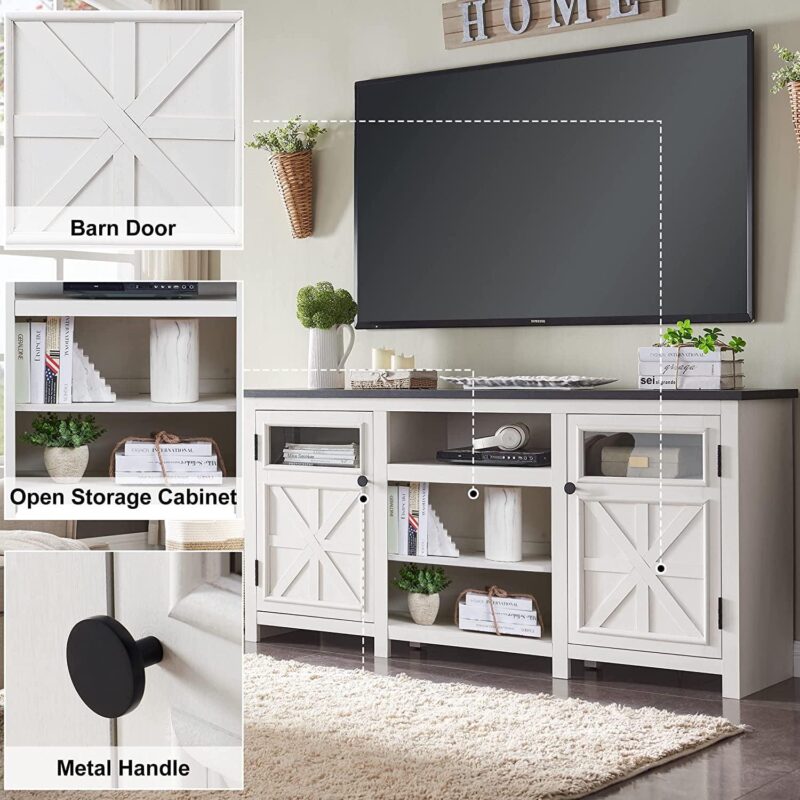 T4TREAM 66  Farmhouse TV Stand, Modern Entertainment Center with Storage Cabinets and Barn Door, White - Image 2