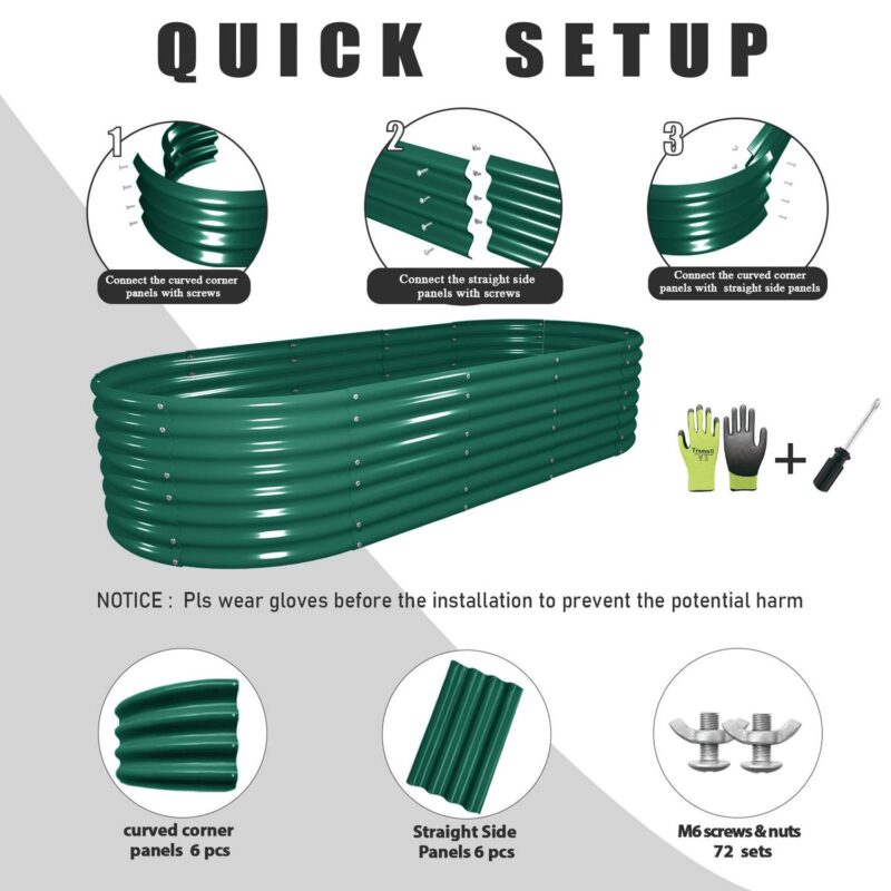TRAMULL 8X3X2ft Galvanized Raised Garden Bed, Oval Above Ground Modular Metal Outdoor Planter Boxes(Green) - Image 2