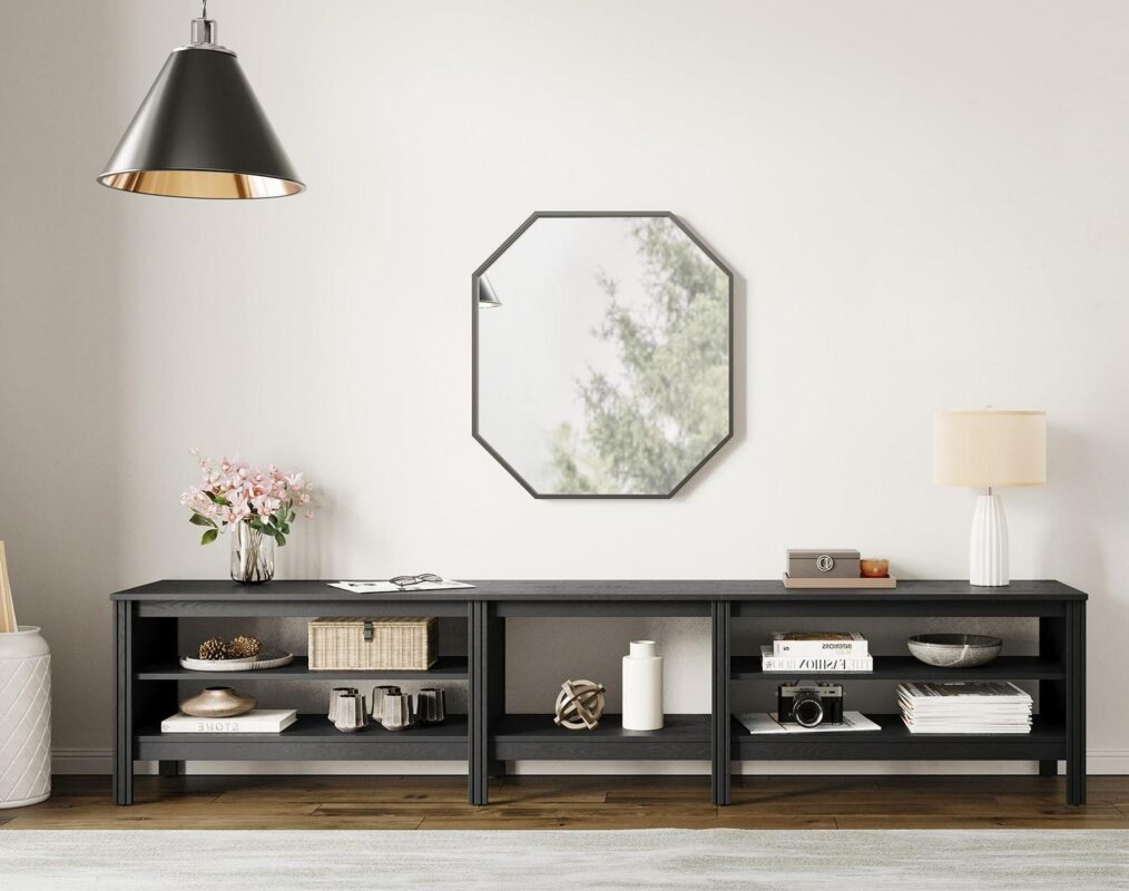 TV Stand for 85 inches Flat Screen, Wood Media Console Storage Cabinet Entertainment Center with 6 Open Shelves, 95 inch, Black