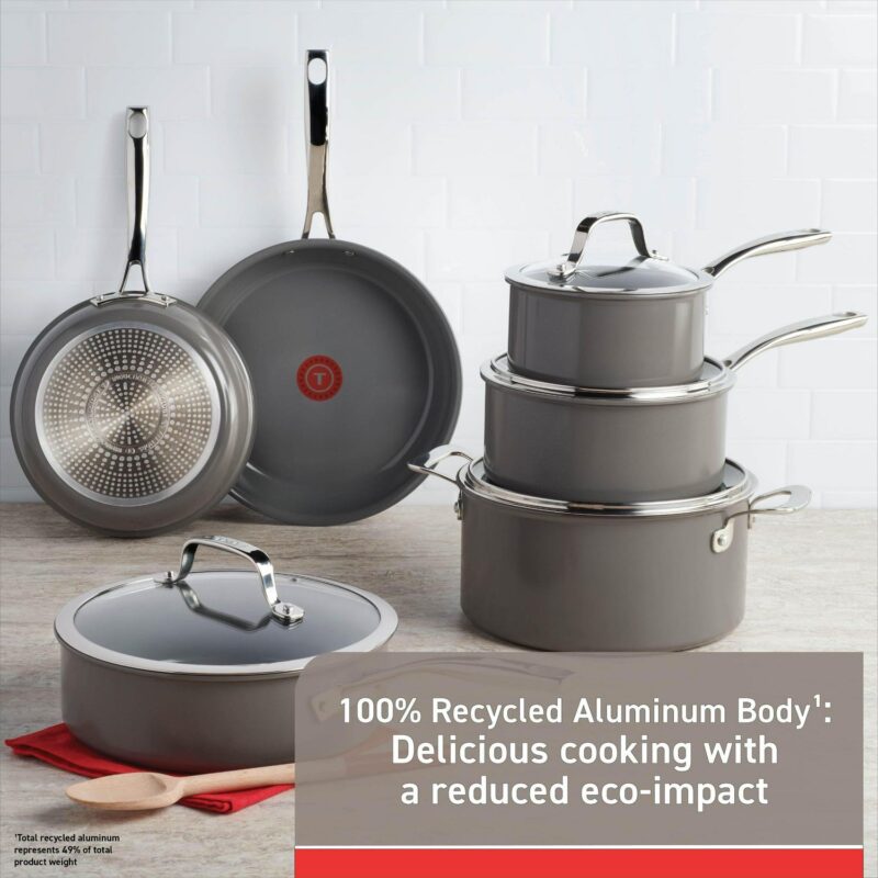 T-fal Ceramic Excellence Nonstick, Cookware Set, 10 Piece, Pots and Pans, Grey - Image 6