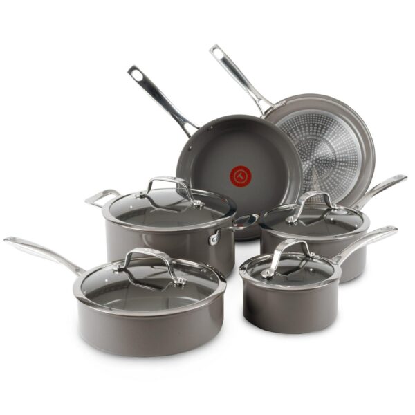 T-fal Ceramic Excellence Nonstick, Cookware Set, 10 Piece, Pots and Pans, Grey