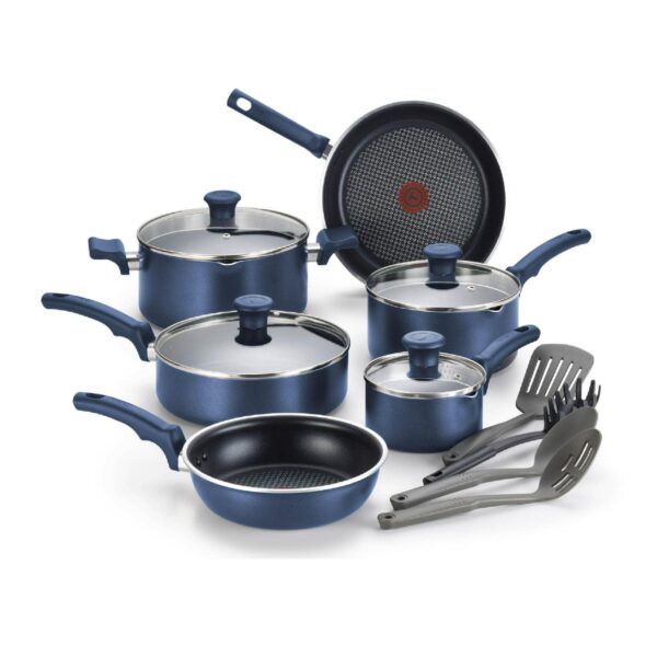 T-fal Cook and Strain Non-Stick 14-Piece Cookware Set, Recycled Aluminum Body, Blue