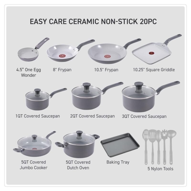 T-fal Easy Care Ceramic, 20 Piece Pots and Pans Cookware Set, Stone Grey - Image 2